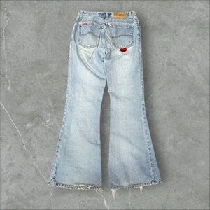 Mudd Jeans Womens 7 Blue Y2K Flare Heart Embroidered Babydoll Bell Bottoms 2000s
